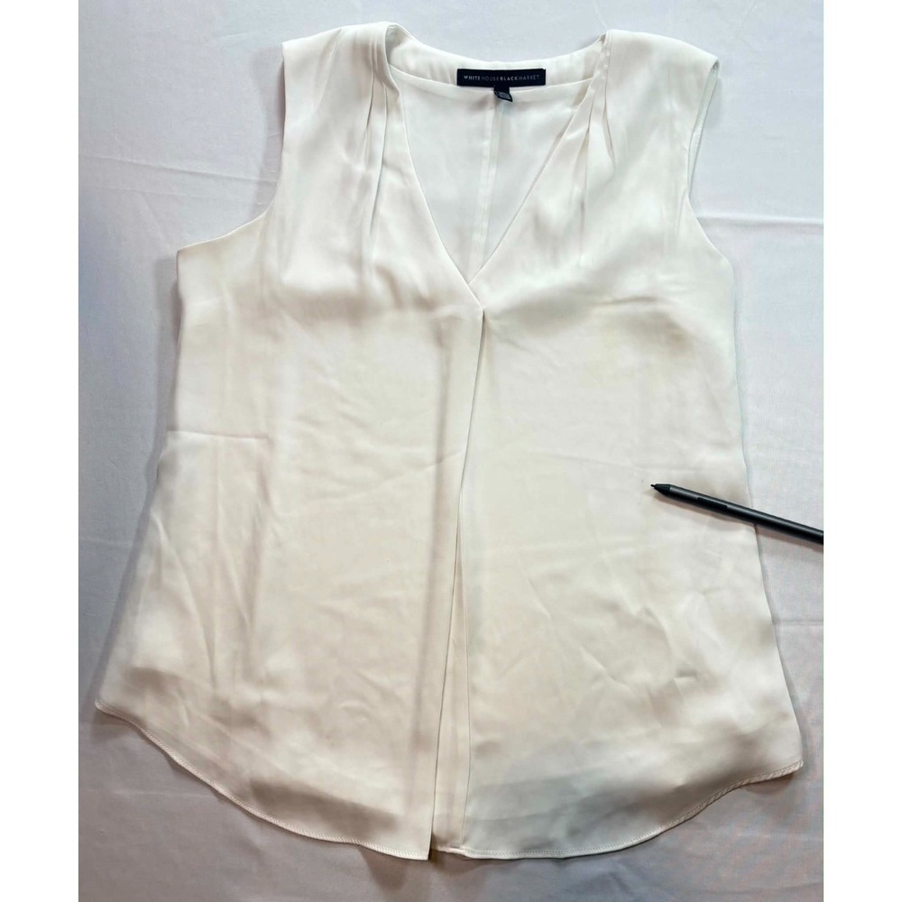White House Black Market Women 0 Blouse Ivory Sleeveless Pleated V-Neck Career T